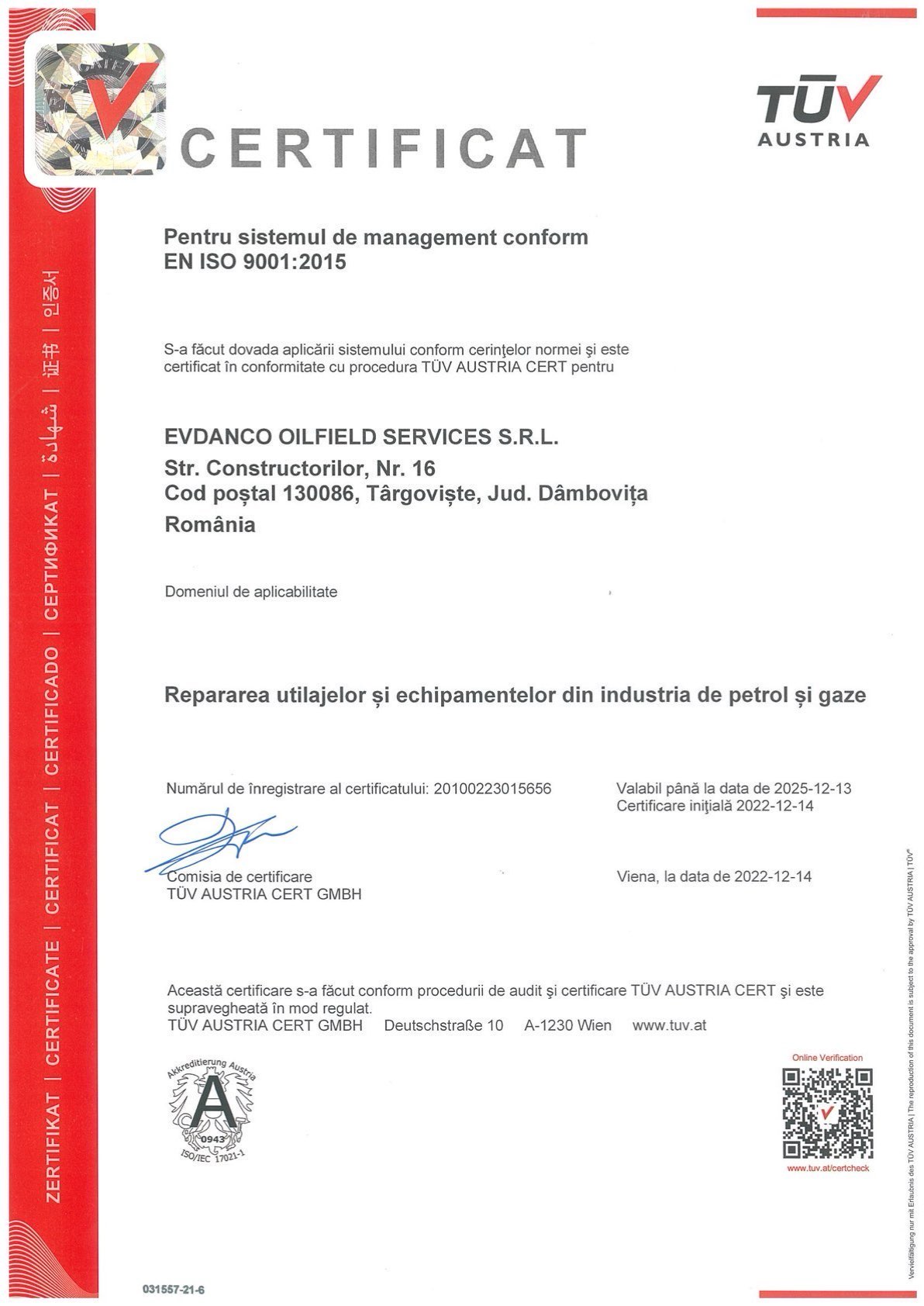 Certificate document with TÜV AUSTRIA logo and official signatures.