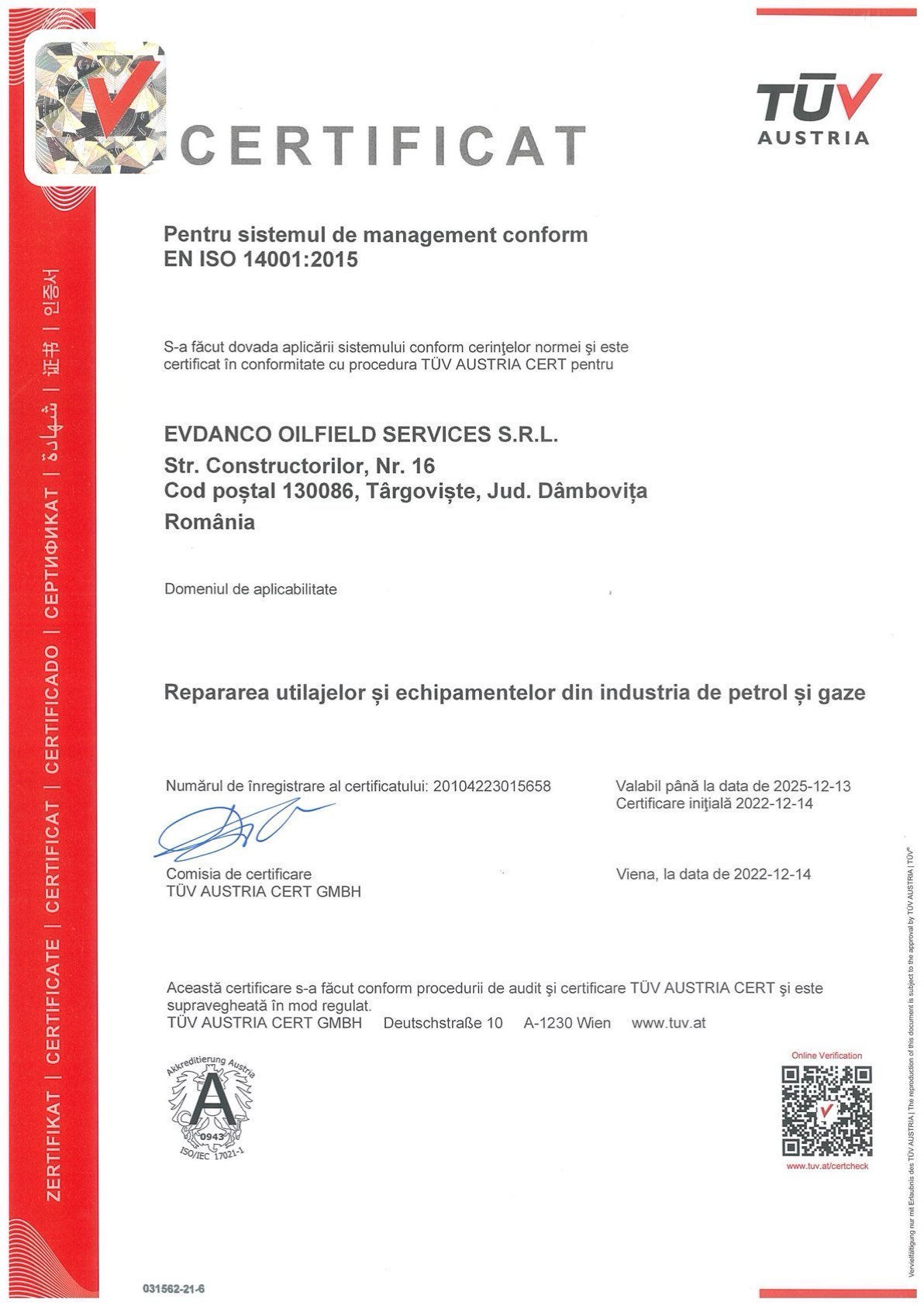 TÜV Austria ISO 9001:2015 quality management certificate in Romanian.