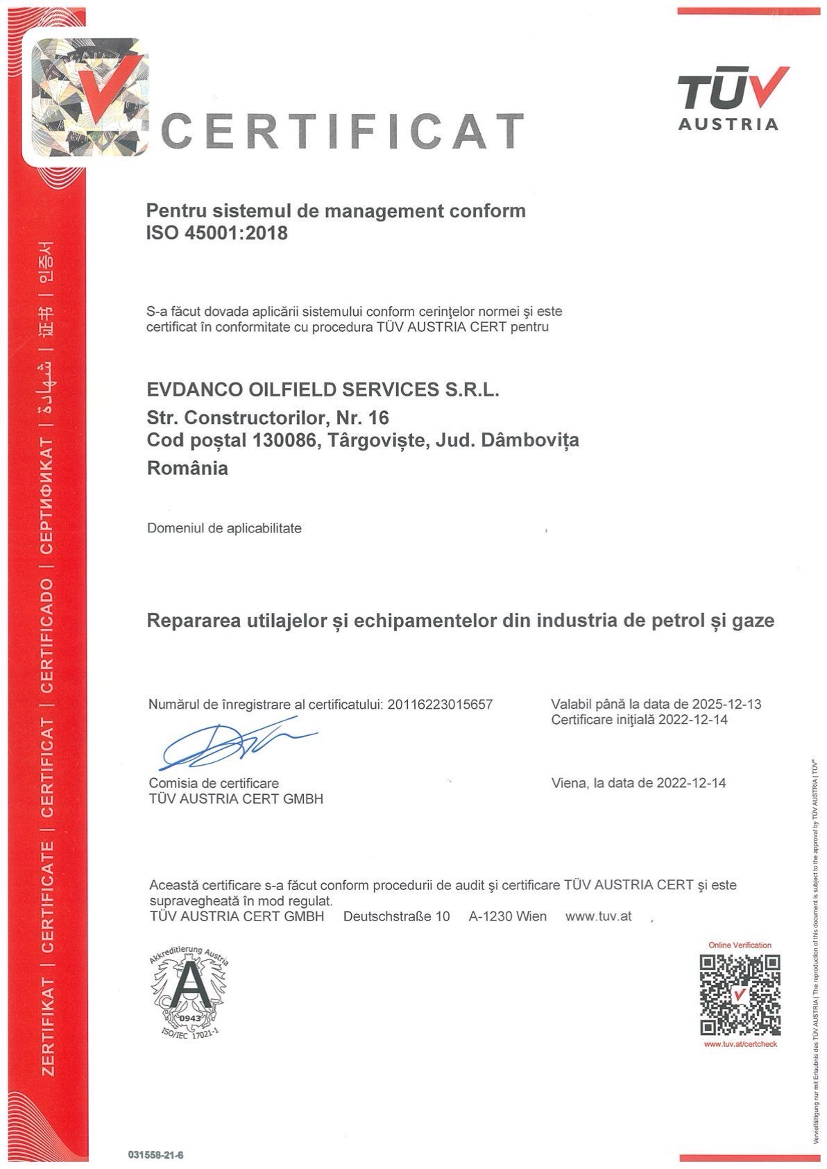 TÜV Austria ISO 45001:2018 certificate for Romind Suprem Services S.R.L.