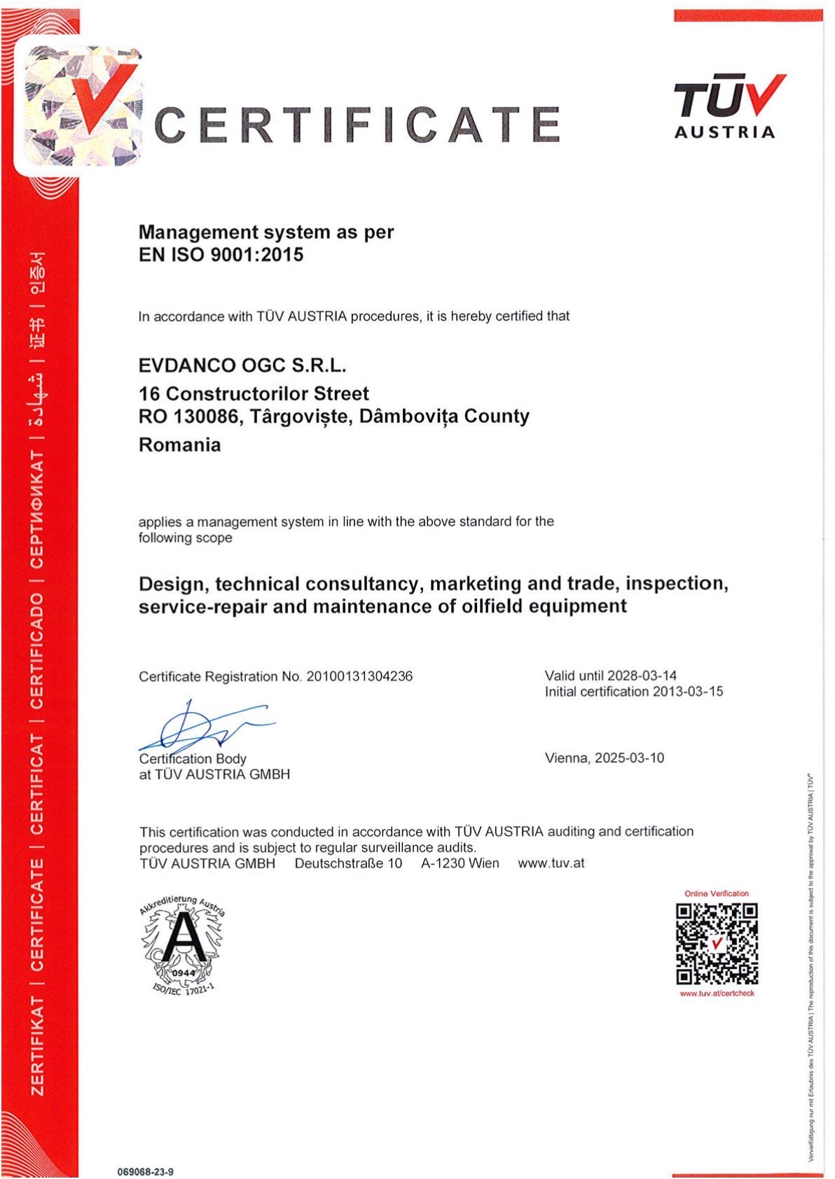 TÜV Austria ISO 9001:2015 certificate for EVRASRO CNC S.R.L., Romania.