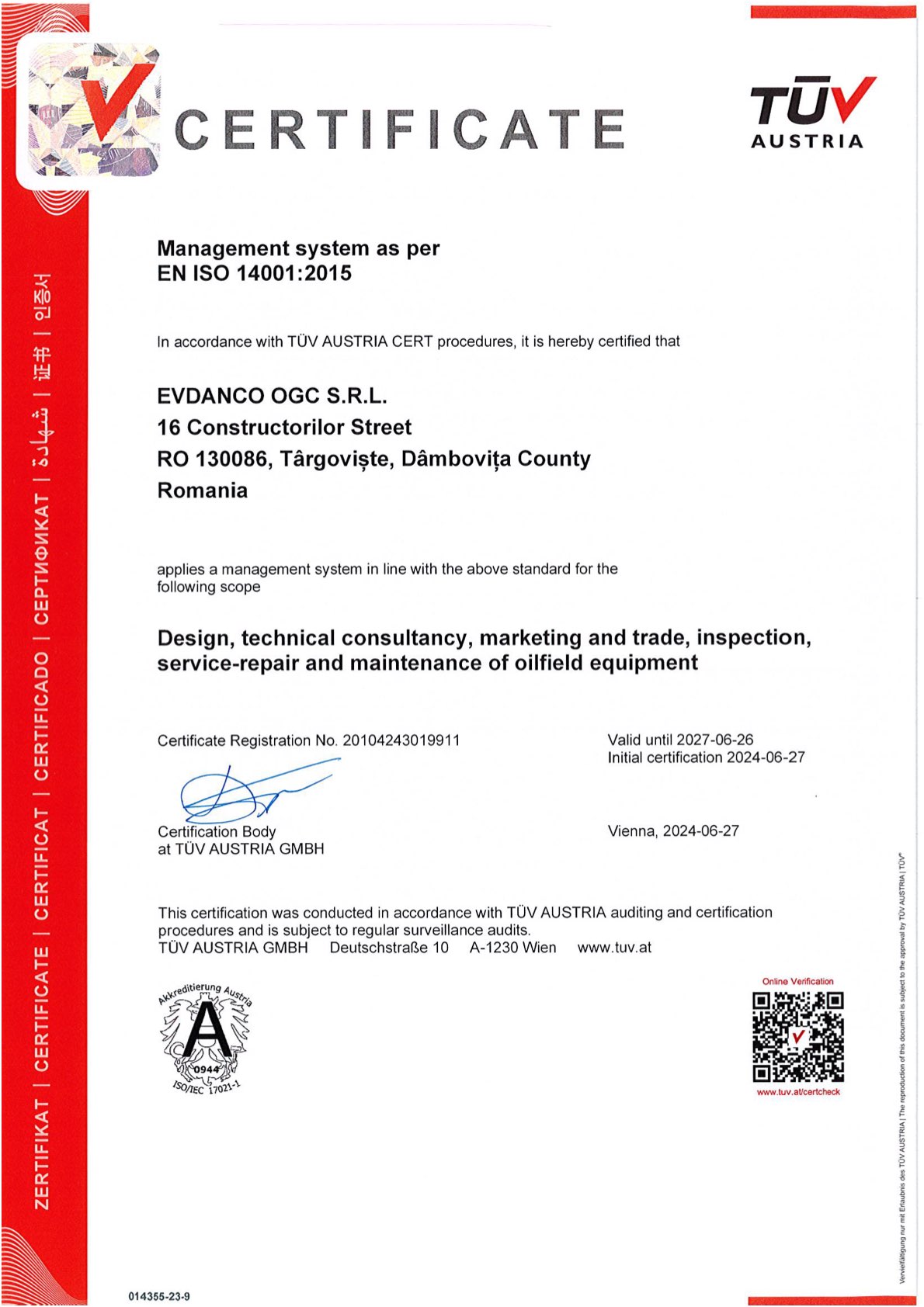 TÜV Austria ISO 14001:2015 certificate awarded to ENACHE OILIC S.R.L.