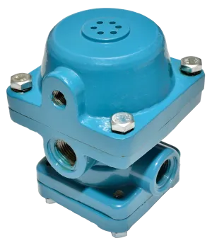 Blue industrial valve with metal bolts and threaded pipe connections.