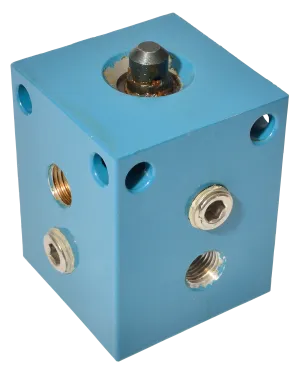 Blue metal hydraulic valve block with multiple threaded ports and a top-mounted screw.