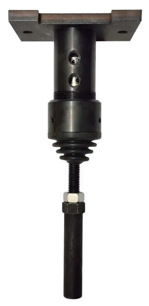 Black metal adjustable leveling foot with a threaded rod and mounting plate.