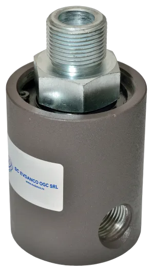 Metal hydraulic rotary union with threaded ports and a gray cylindrical body