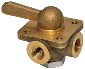 Brass three-way valve with lever handle and threaded ports.