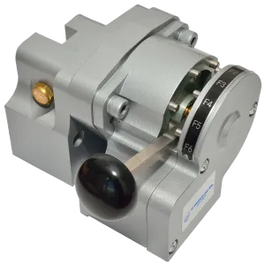 Metal mechanical lever device with a numbered dial and black knob.