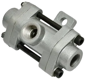 Metal pneumatic cylinder with threaded ports and mounting holes.