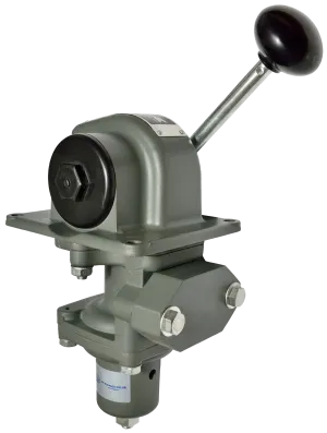 Manual industrial control lever with a black handle and metal housing.