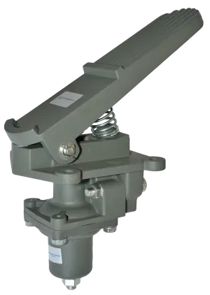 Gray mechanical lever handle with a spring, attached to a metal base.