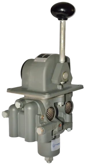 Gray industrial lever switch with a black knob handle and cylindrical base.